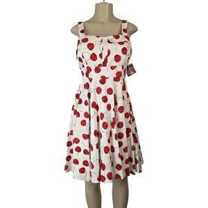 Ixia Dress Womens Large White Cherry Fit Flare Square Neck Pin Up 50s Rockibilly